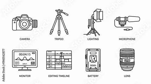 Media production icons: camera, tripod, lights, mic, monitor, timeline, battery, lens.