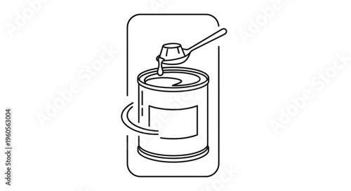 Stylized monochrome drawing featuring a spoon gathering a thick liquid from an open tin