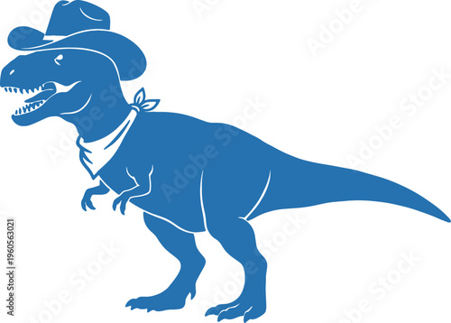 blue dinosaur wearing a cowboy hat and bandana
