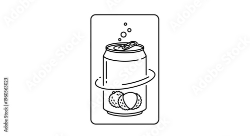 Clean line art graphic featuring a refreshing lychee fruit beverage in a sparkling soda can,