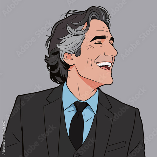 Man with gray hair laughs while wearing a suit against a gray background in a digital art style that captures joy and expression