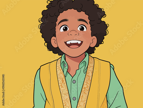 Child smiles in colorful outfit against bright yellow background while showing excitement for a special occasion or celebration