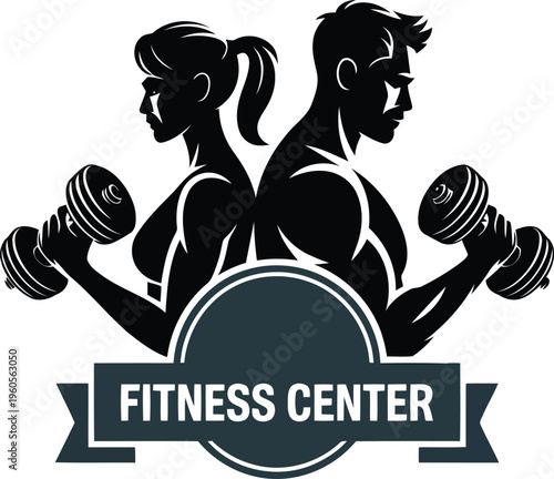 Silhouette of a man and woman holding dumbbells with Fitness Center banner below them