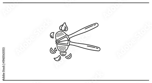 Line art illustration of a kitchen garlic press tool with fresh cloves ready for culinary crushing