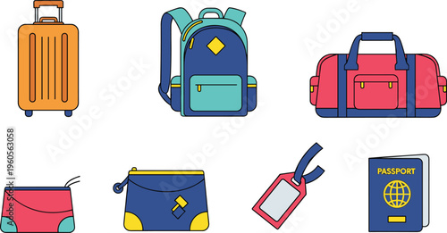 Travel Accessories Icon Set Featuring Suitcase, Backpack, Travel Bag, Passport, Luggage Tag and Pouches Isolated on White Background for Tourism Design Projects