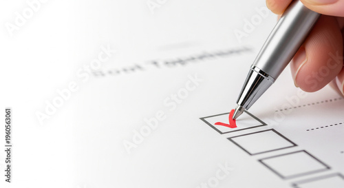 Pen ticking red checkmark on checklist document perfect for successful task completion and professional quality control evaluation