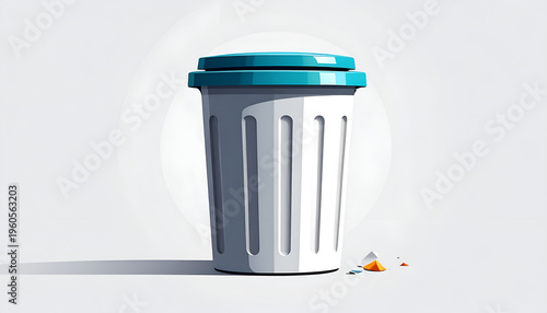 Trash can with blue lid in cartoon illustration style standing on white surface