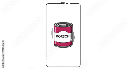 Minimalist illustration of a smartphone displaying a vibrant red borscht soup can icon on its screen