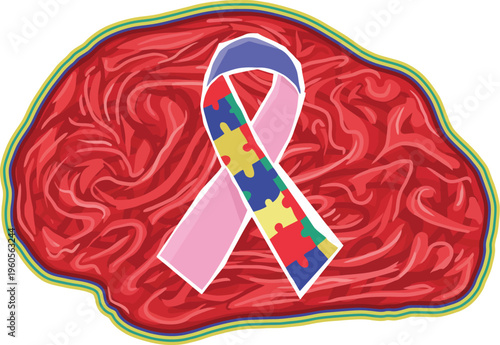 A colorful puzzle ribbon on a brain for autism awareness