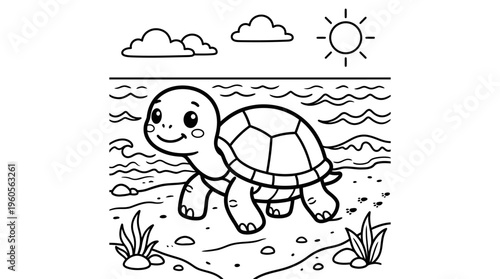 Smiling turtle on sandy beach walking.