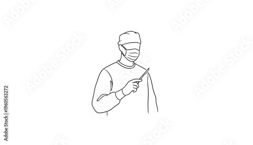 Skilled surgeon in protective mask and cap holding a scalpel, symbolizing medical precision and care