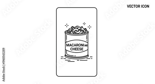 Minimalist monochrome vector illustration of macaroni and cheese in a food can