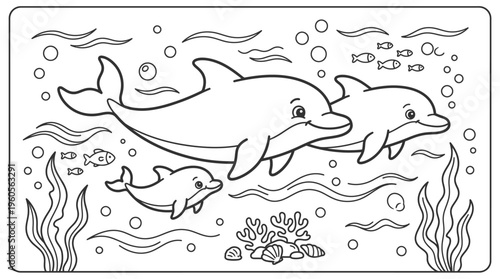 Dolphins swimming in ocean water together.