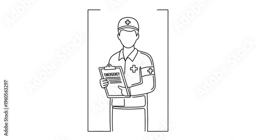 Minimalist continuous line art illustration featuring an emergency medical professional displaying