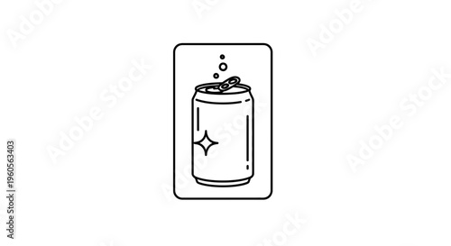 minimalist line art icon of a sparkling opened beverage can with effervescent bubbles rising
