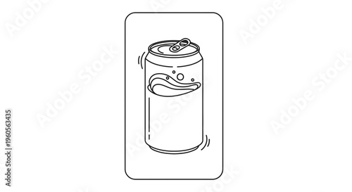 Minimalist outline drawing of a carbonated beverage can with refreshing fizz and liquid illustration
