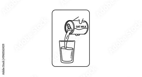 Minimalist line art showing a hand pouring refreshing oat milk from a can into a glass for a