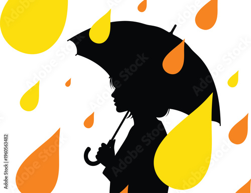 Silhouette of a person holding a black umbrella beneath large yellow and orange raindrops symbolizes melancholic.