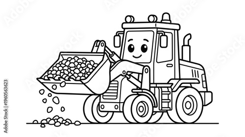 Smiling cartoon bulldozer with rocks.