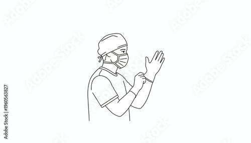 Dedicated medical professional in scrubs and mask meticulously preparing for procedure by donning