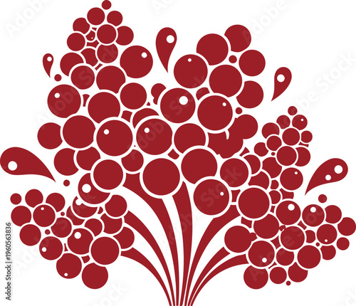 Stylized red berry cluster explodes outward symbolizing fresh flavor bursts or popping effervescence in celebration.