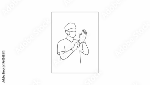 Detailed line art of a healthcare professional donning personal protective equipment