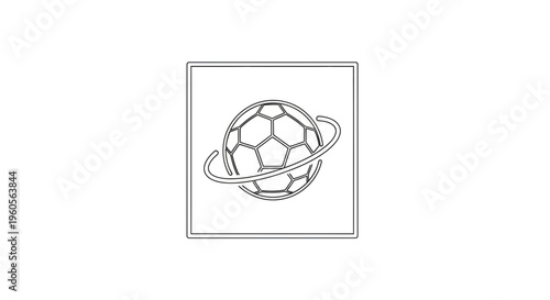 Minimalist line art illustration of a soccer ball orbiting within a square frame symbolizing