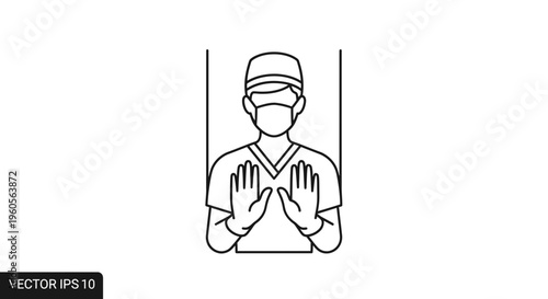 Dedicated healthcare professional in scrubs, mask, and cap, hands raised for sterile protocol or