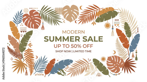 Modern Summer Sale Promotion Banner with Tropical Boho Leaf Frame on Isolated White Background