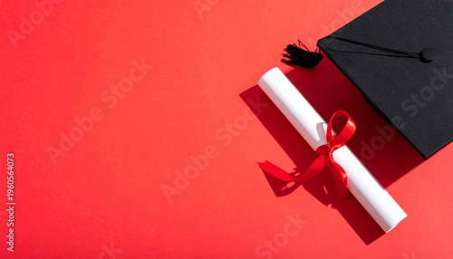 A black graduation cap with tassel and a diploma tied in red ribbon on a vibrant red background, symbolizing achievement and celebration.