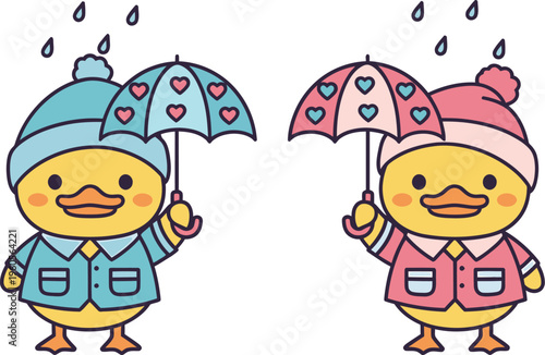 Two charming baby ducks wearing winter hats hold matching heart umbrellas while rain gently falls around them.