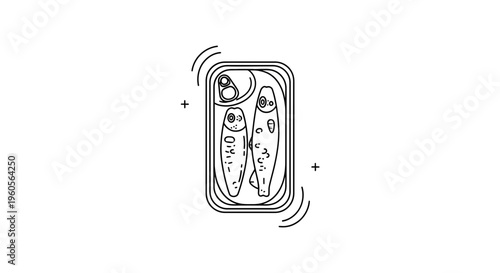 Minimalist black and white line art illustration of an open rectangular sardine tin with fish