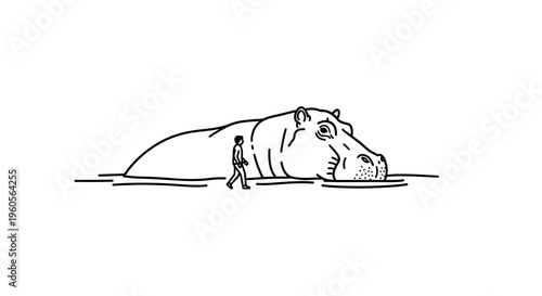Minimalist black and white illustration of a person walking beside a large hippopotamus