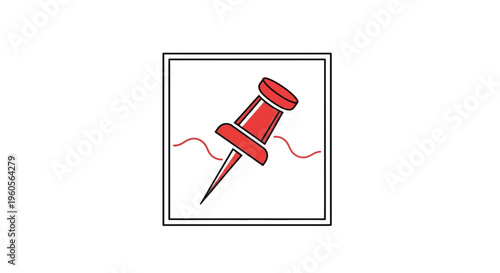 Graphic depiction of a bright red thumbtack object encased within a distinct square frame on a