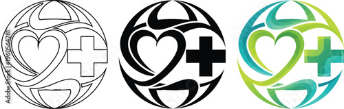 Triptych graphic shows global health care symbols featuring heart shapes and medical crosses in outline, solid,.