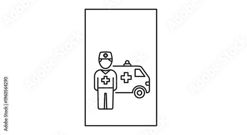 Stylized line art illustration of emergency medical services with a caregiver and vehicle
