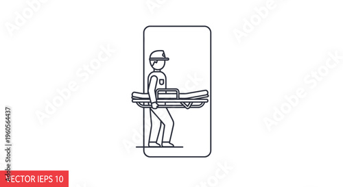 Line art illustration of medical personnel transporting an empty stretcher ready for emergency