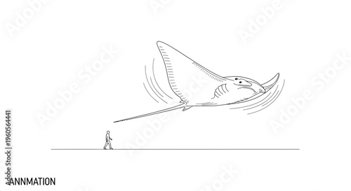A lone figure observes a magnificent ethereal manta ray soaring gracefully through an imaginative