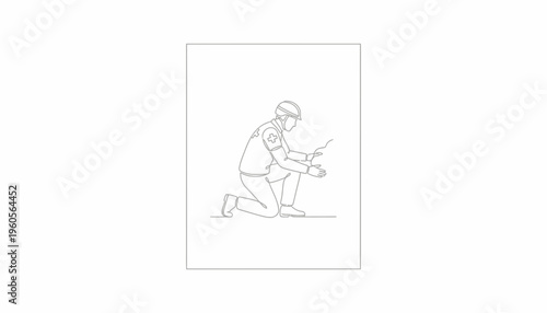 Dedicated first responder kneeling to assess a situation with focused attention, continuous line art