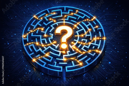 Navigating the Labyrinth: An intricate digital labyrinth, illuminated with circuits, surrounds a central question mark, symbolizing the complexities of problem-solving.