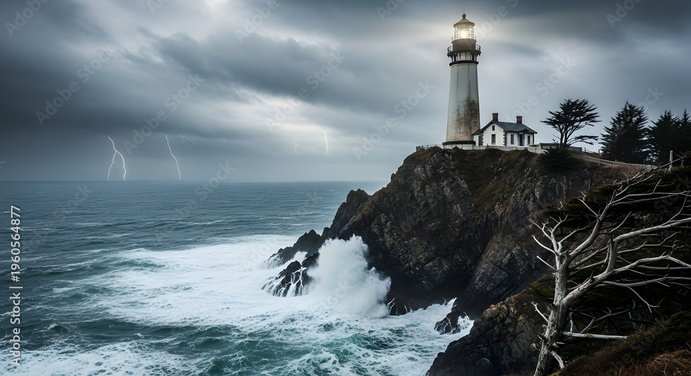 Obraz premium Lighthouse standing tall against stormy seas.