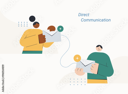 Flat style illustration of two diverse person sending and receiving envelope messages connected by a line, representing direct communication, email exchange and correspondence concept.