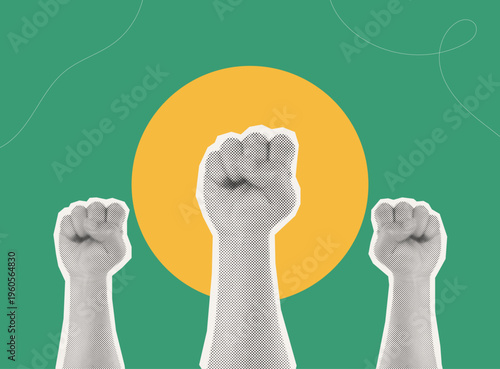 Trendy Halftone Collage style illustration of three raised fists against green background with yellow circle, representing stronger together, unity, solidarity and empowerment concept.