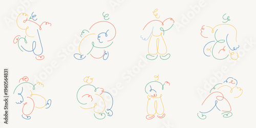 Flat style illustration set of colorful one line drawing human characters in various poses and actions, representing human doodle art collection for creative and playful design concept.