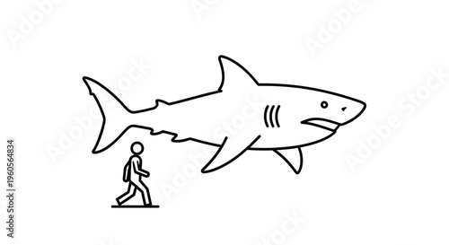 Depicting the overwhelming scale of a large shark juxtaposed against a walking person