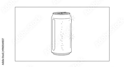 Minimalist line art illustration of a refreshing sparkling beverage can with effervescent bubbles
