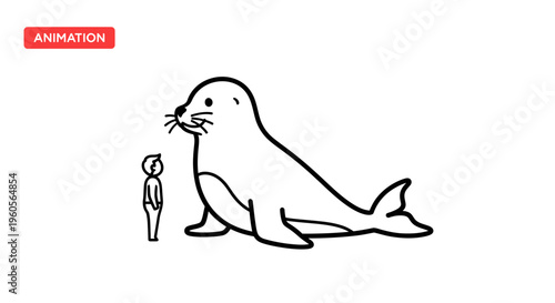 Minimalist line art illustration depicting a size comparison between a human and a large seal for