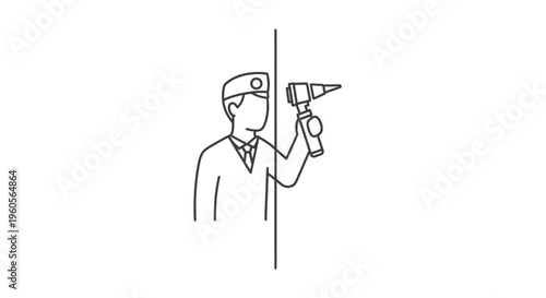 Minimalist line drawing of a medical professional with an otoscope for ear examinations and health