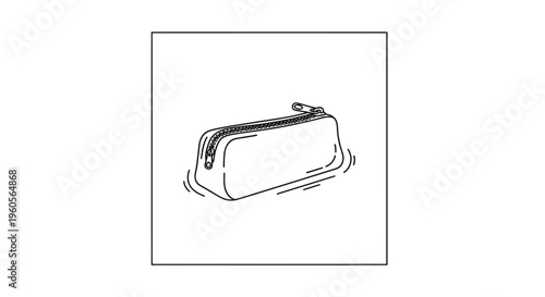 Minimalist black and white line art illustration of a compact zippered pencil case for supplies