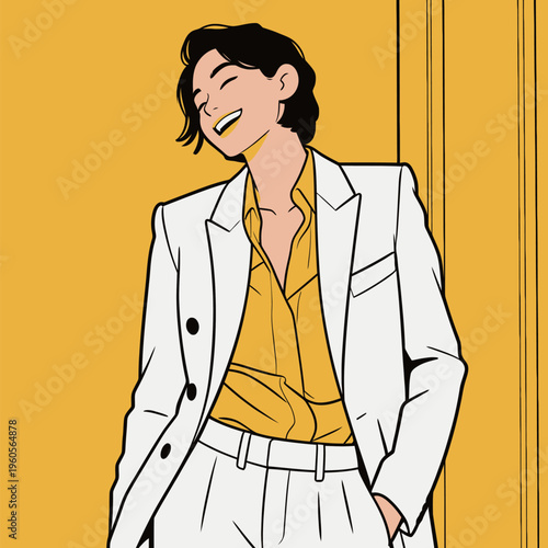 Young man smiles while wearing a white suit and yellow shirt against a bright yellow background
